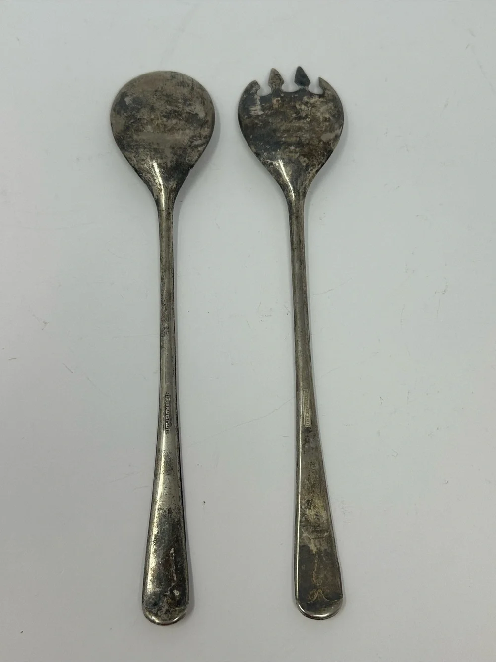 Vintage Italian Silver Plated Salad Fork & Spoon Serving Set 9.5” w/ Patina A1